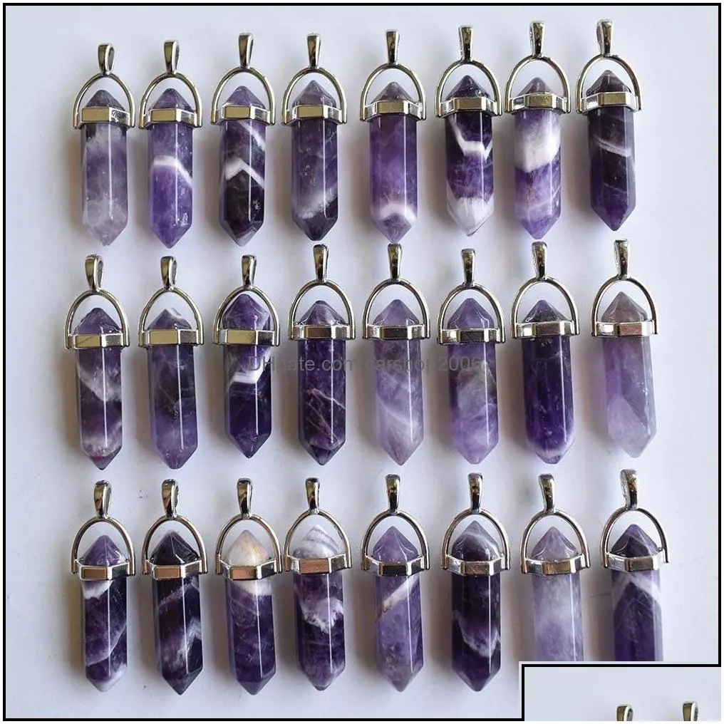 Charms Stripe Amethyst Pillar Natural Stone Chakra Healing Pendum Hexagonal Prism Pendant Diy Necklace Ear Carshop2006 Dhia5