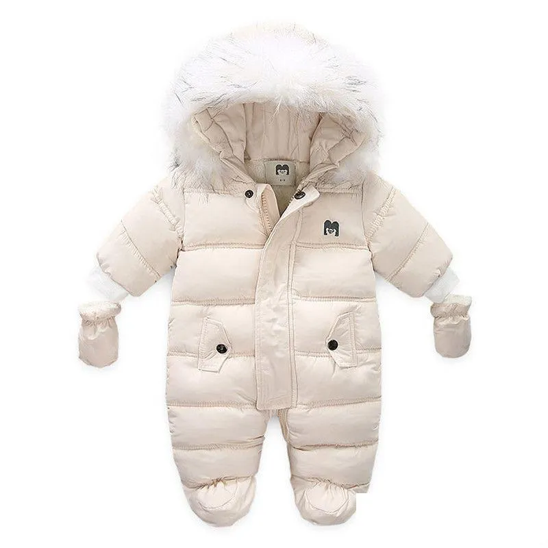 Children Winter Jumpsuit Fur Hood Baby Girl Boy Snowsuit Russian Winter Infant Outerwear Ovealls Baby Thick Rompers with Gloves