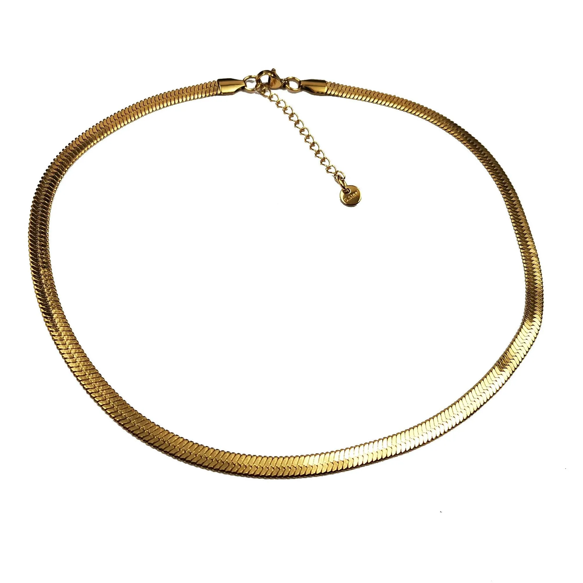 fashion golden black flat snake chain herringbone choker necklace for women gifts stainless steel 5mm 15.7add4cm