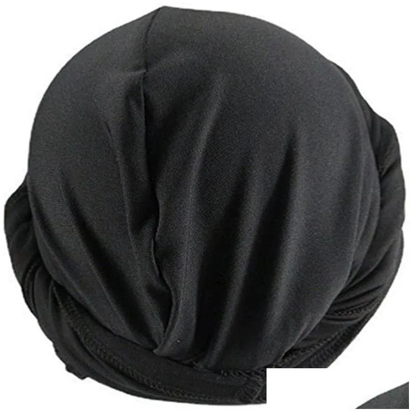 beanieskull caps halo turban durag for men satin silk lined elastic men turban head wrap head scarf do-rag long straps 230403