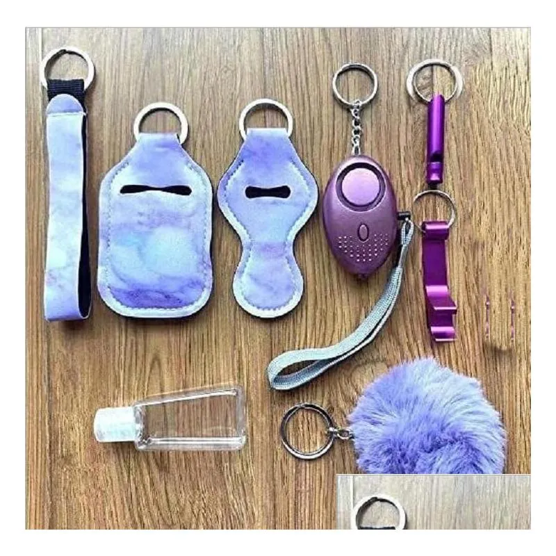 Keychains & Lanyards 30 Colors 9Pcs/Sets Defense Keychain Set Alarm Pompom Hand Sanitizer Wrist Strap Lipstick Bottle Opener For Woma Dh9Lw