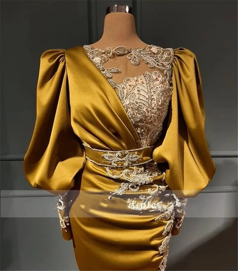 2024 Sexy Gold Evening Dresses Wear Mermaid Jewel Neck Long Sleeves Illusion Lace Appliques Mermaid Crystal Beads Formal Prom Dress Party Gowns Plus Size