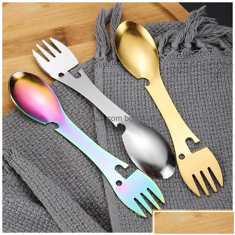 Forks Portable Mti Tool Flatware Can Opener Camp Spork Cutlery Utensil Bottle Picnic Stainless Steel Tableware Fork Spoon Lx4980 Dro Dhxft