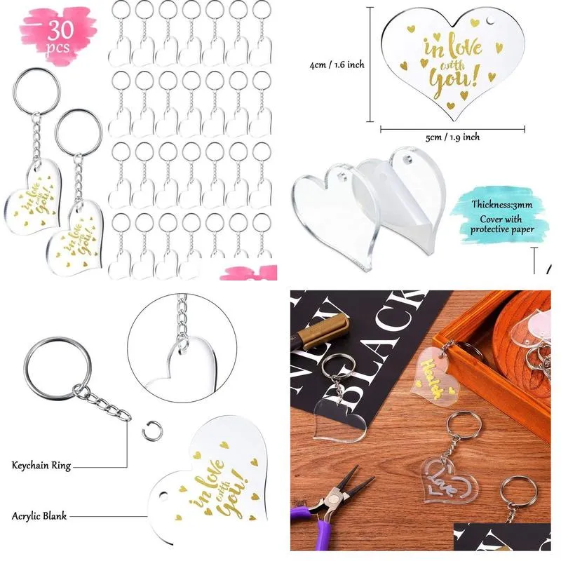 Acrylic Keychain Blank Heart Shaped Monogrammed Clear Discs Circles With Metal Split Key Chain Keyrings DIY Valentine039s Day G7625306