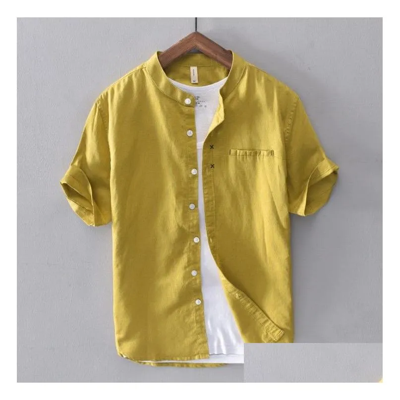 Cotton Linen Shirt Men Solid Short Sleeve Casual Slim Button Down Quality Mandarin Men`s Dress Shirts Camisa Masculina