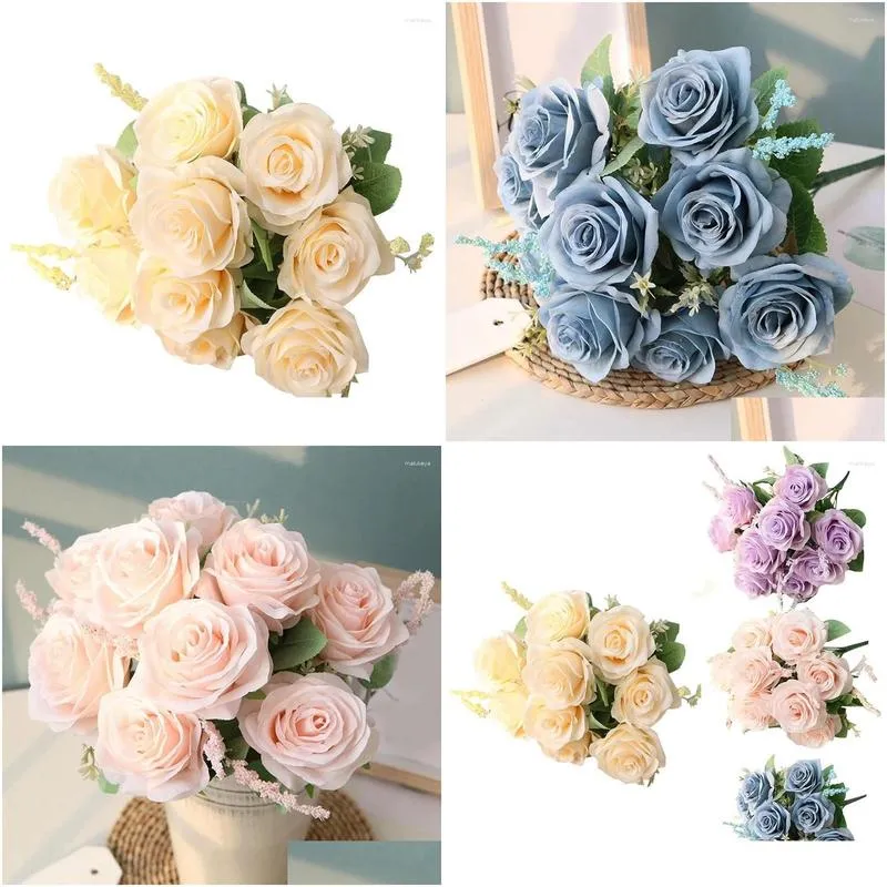 Decorative Flowers & Wreaths Absf Artificial Blue Roses Silk Rose Flower Bouquet Home Garden Decoration Wedding Drop Delivery Festive Otais
