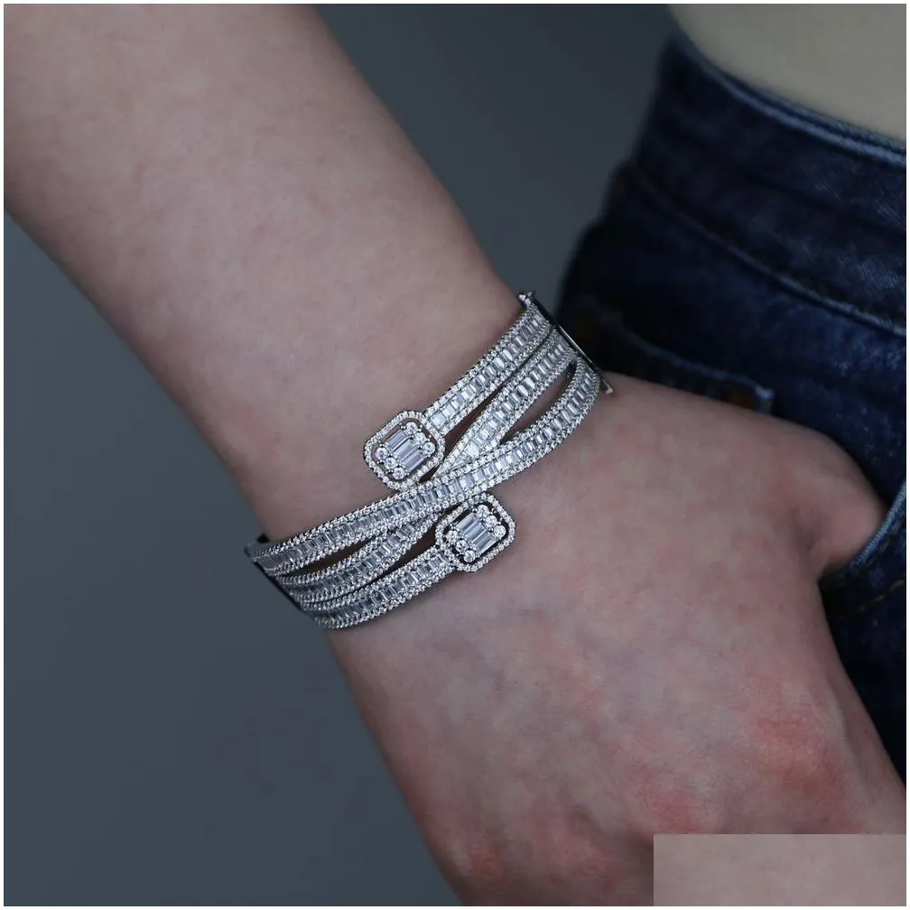 Iced Out Sparking Baguette CZ Cubic Zirconia Bracelet Gold Silver Color Luxury Fashion Multi Layered Band Bracelets Bangles Jewelry