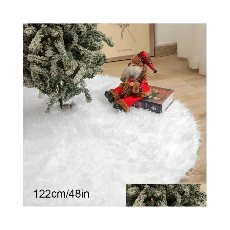 Christmas Decorations Snowy White Christmas Tree Skirt Plush Faux Fur Xmas Trees Carpet Mat Ornaments For 2024 Year Home Party Decoration