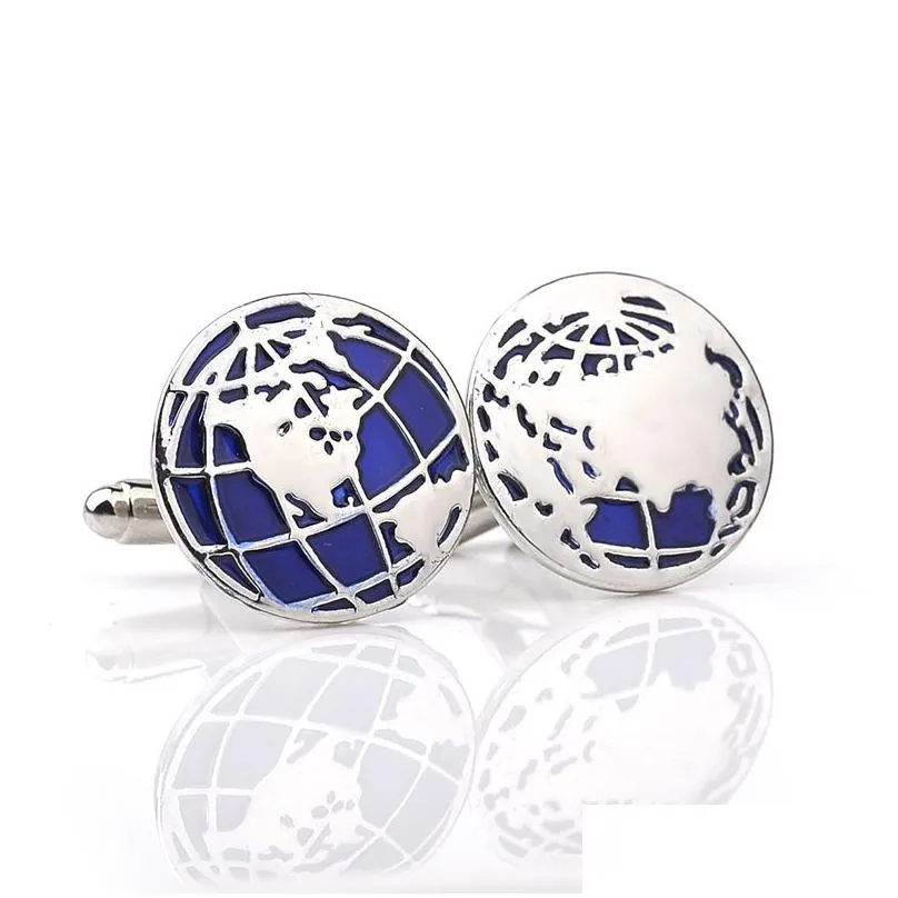 Luxury Silver Cufflinks Blue Earth French Shirt Cuff link Men Wedding Cufflinks Gift For Fathers Day