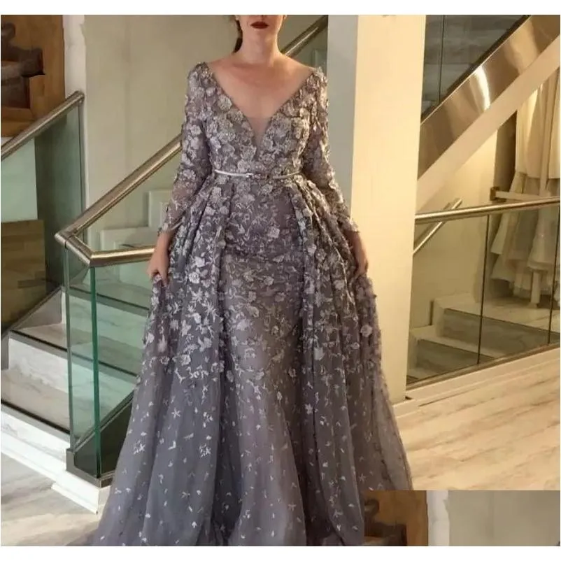 Vintage Gray Mother of the Bride Dresses 2019 A Line Long Sleeves Formal Godmother Evening Wedding Party Guests Gowns Plus Size Custom