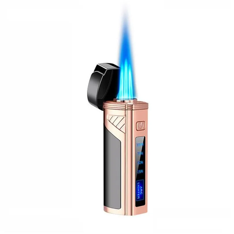 Lighters Cigar Torch Lighter With Punch Electric Ignition Triple Flame  Inflatable Touch Sensing Windproof Power Display Creative D Dhkds