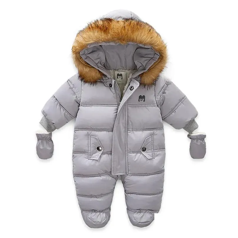 Children Winter Jumpsuit Fur Hood Baby Girl Boy Snowsuit Russian Winter Infant Outerwear Ovealls Baby Thick Rompers with Gloves