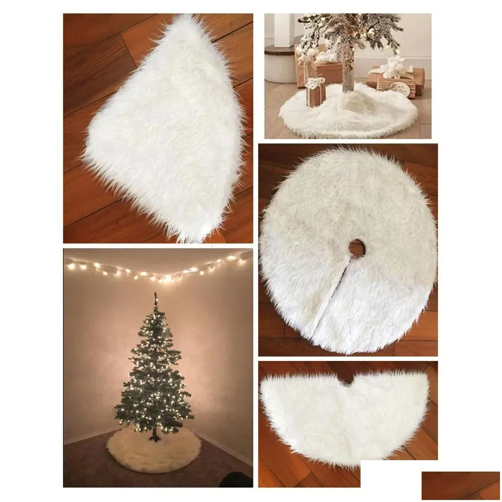 Christmas Decorations Snowy White Christmas Tree Skirt Plush Faux Fur Xmas Trees Carpet Mat Ornaments For 2024 Year Home Party Decoration