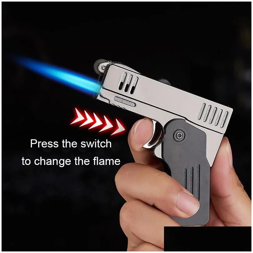 Lighters Funny Lighter Refillable Butane Gas Double Flame And Two Shaped Can Switched Novelty Cigarette Accessories Drop Delivery Home Dhkg8