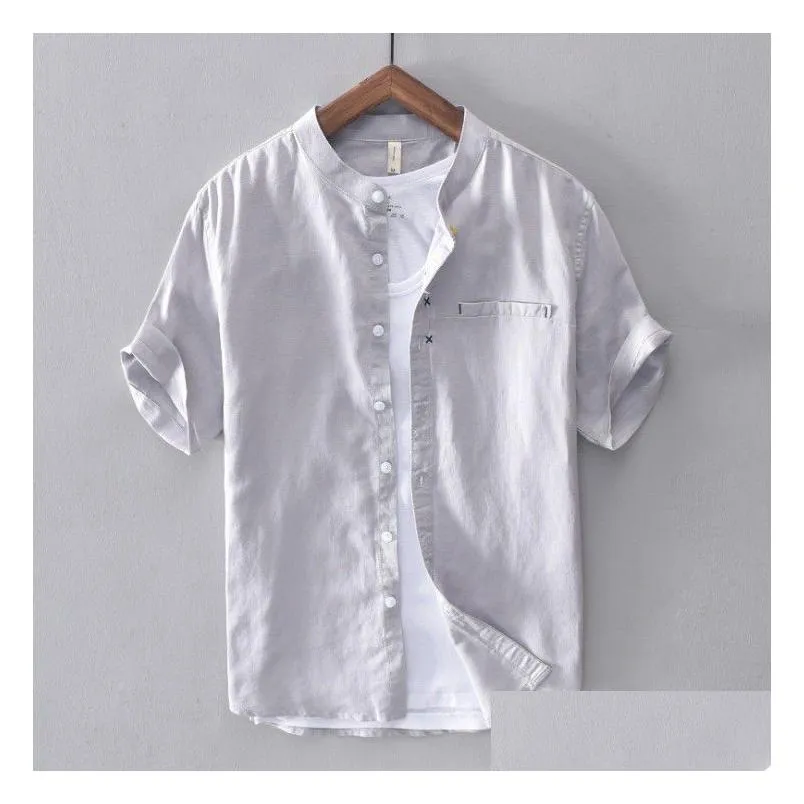 Cotton Linen Shirt Men Solid Short Sleeve Casual Slim Button Down Quality Mandarin Men`s Dress Shirts Camisa Masculina