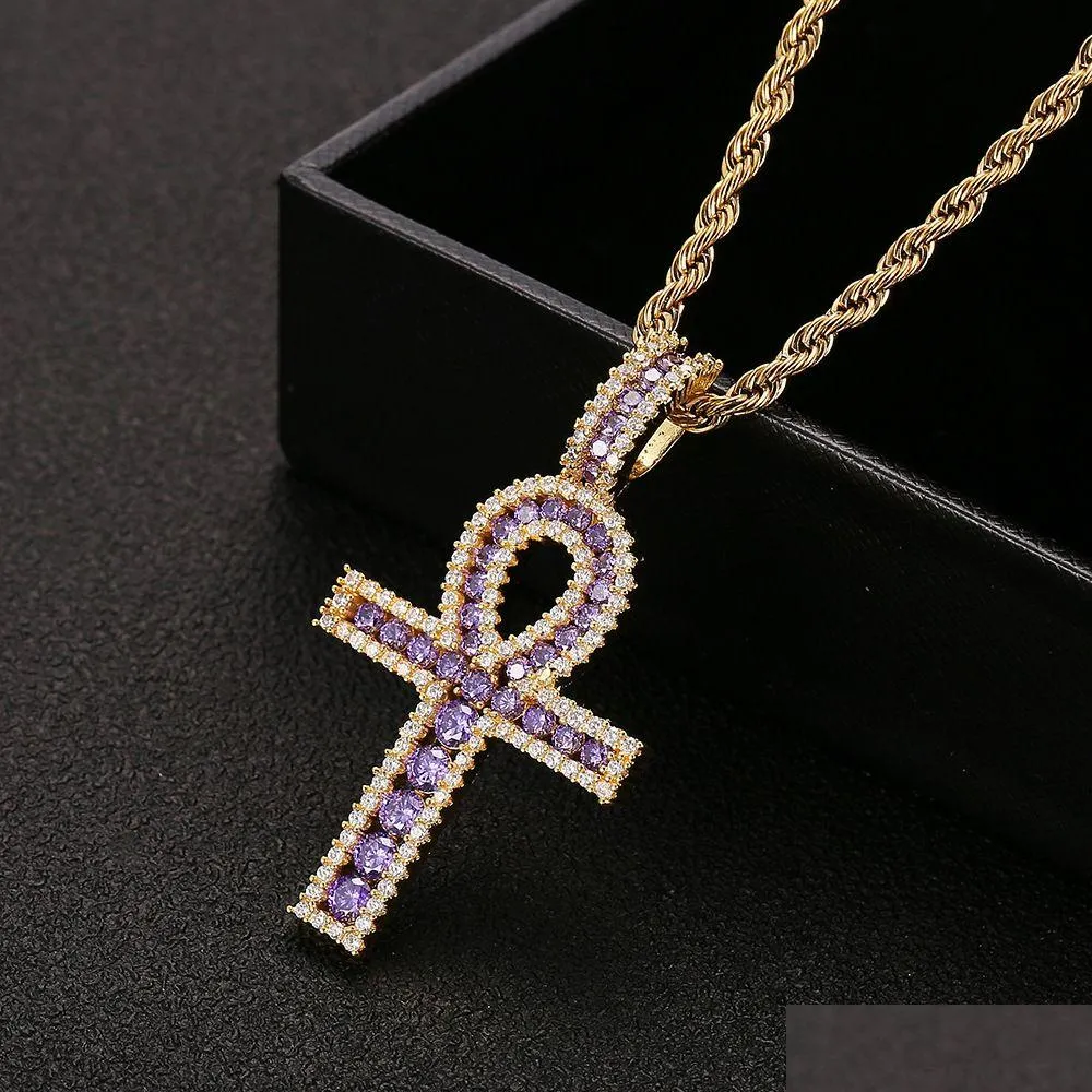 Ankh Cross Pendant Gold Silver Copper Material Iced Zircon Egyptian Key of Life Pendant Necklace Men Women HipHop Jewelry