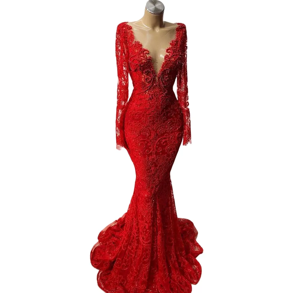 2024 Sexy Red Evening Dresses Wear Mermaid Deep V Neck Long Sleeves Illusion Full Lace Crystal Beads Sheer Back Formal Prom Dress Party Gowns Plus Size
