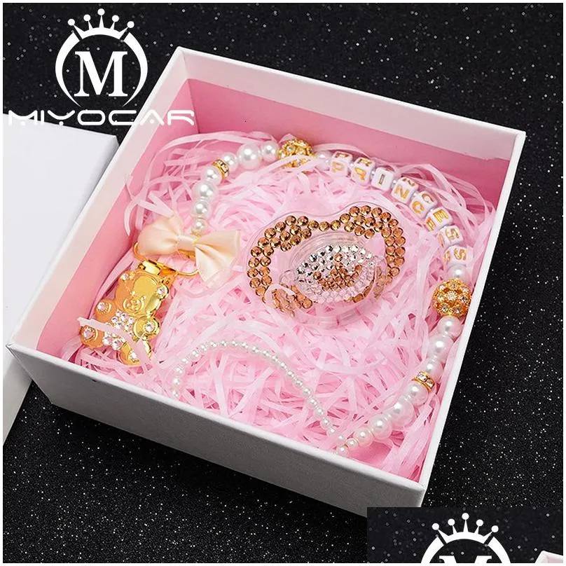 Baby Teethers Toys MIYOCAR any name Elegant luxury bling bear pacifier clip holder pacifier holder with bling gold crown bling pacifier SP016