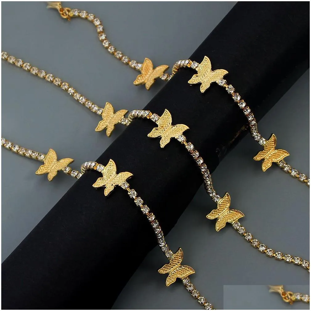 Trendy Shining Cute Butterfly Crystal Tennis Anklet for Women Gold Silver Color Boho Sandals Rhinestone Foot Ankle Chain Jewelry