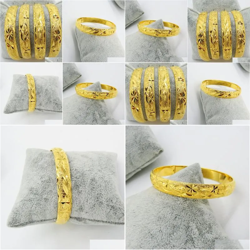 Women Bangle Classic Carved Bracelet 18k Yellow Gold Filled Fashion Female Dubai Jewelry Dia 6cm