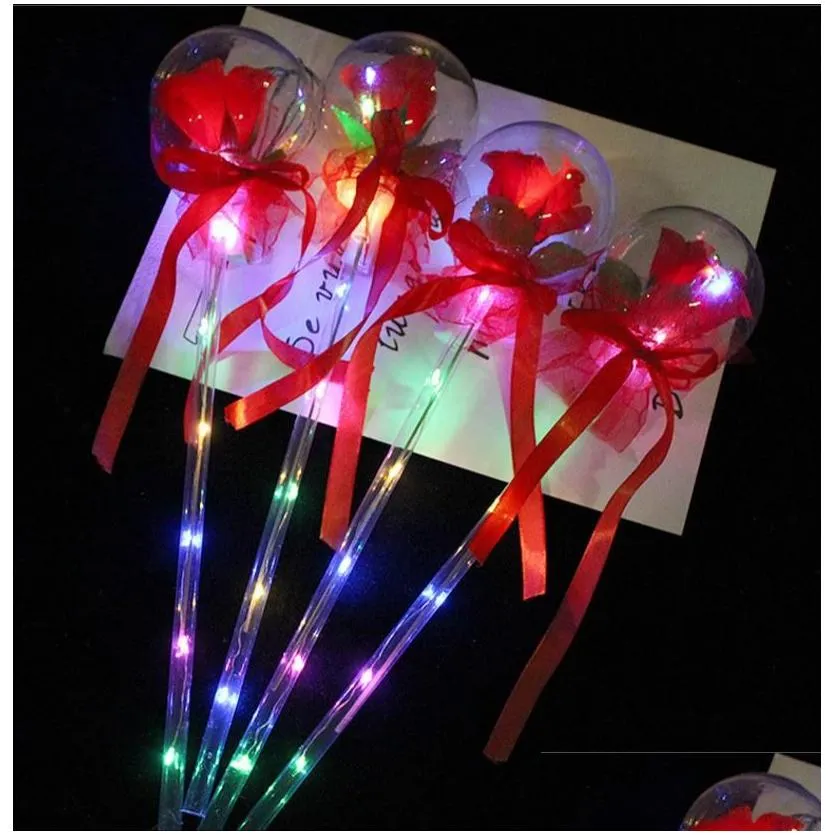 Party Decoration Led Favor Light Up Glowing Red Rose Flower Wands Clear Ball Stick For Wedding Valentines Day Atmosphere Drop Delivery Dhvem