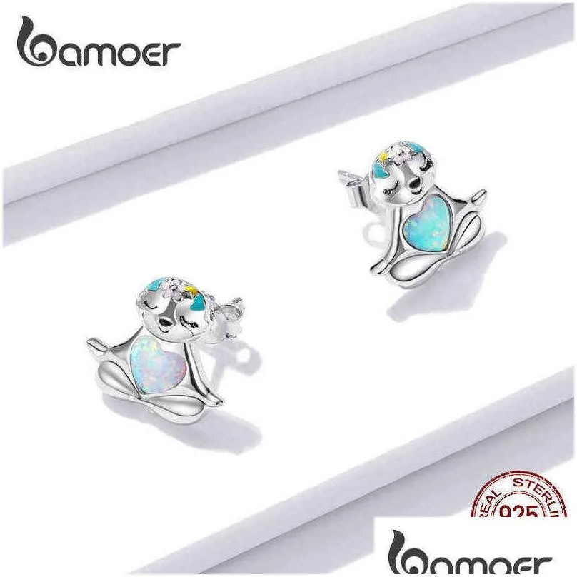 sloth nails silver earrings 925 sterling cute animal heart opal stud earring gift for girl party jewelry bse483 220125