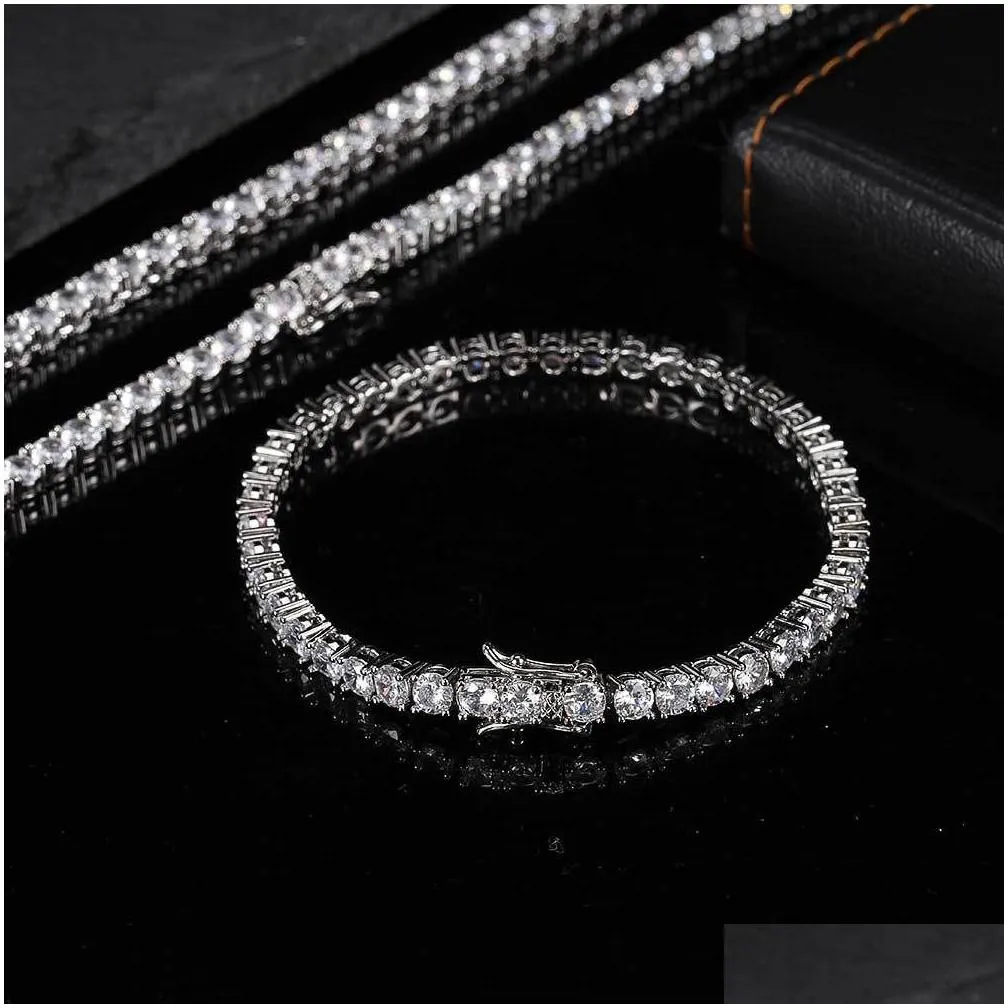 Hip Hop Bracelets Necklace Jewelry Set Tennis Chains Men Women Bling Diamond 18k Real Gold /White Gold Plated