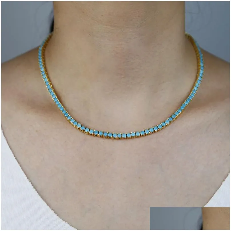  fashion 3mm turquoise stone paved tennis chain necklace for women lady hip hop punk style wedding jewelry wholesale