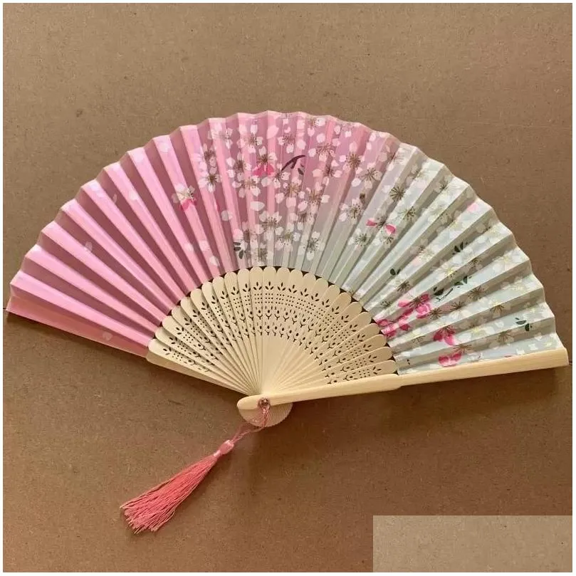 Vintage Chinese Style Cherry Blossom Bamboo Folding Silk Hand Fan Party Favor Exquisite Gift For Guest or as Home Decorations