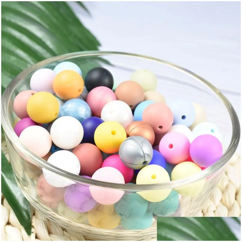 100 PCS 15 MM Round Marbles & Gritty Silicone Beads Baby Teething Food Grade Silicone Teether BPA Free Necklace Baby Accessories