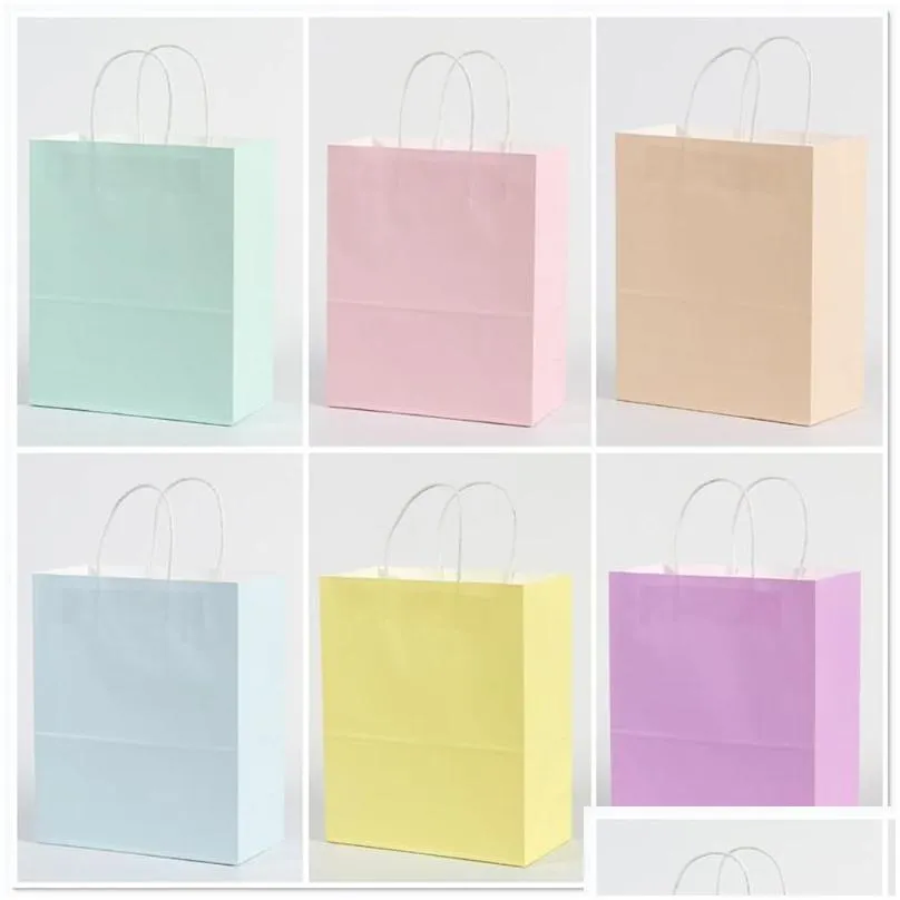 Gift Wrap 10pcs Kraft Paper Bags Blue/Pink Pastel Candy Rainbow Party Decoration Baby Shower Wedding PackagingGift