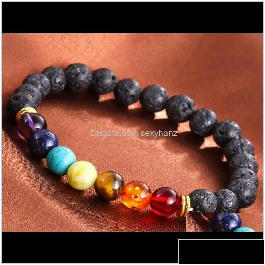 Charm Jewelrykimter Black Volcanic Lava Bracelet 7 Chakra Natural Stone Essential Oil Diffuser Bracelets Yoga Beads Jewelry For Women Men