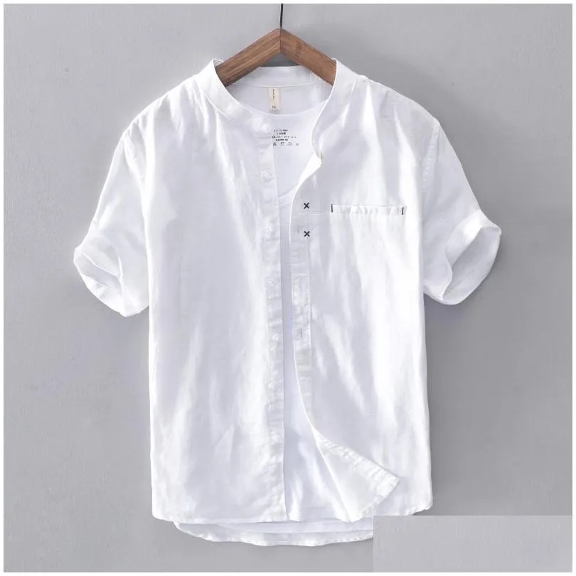 Cotton Linen Shirt Men Solid Short Sleeve Casual Slim Button Down Quality Mandarin Men`s Dress Shirts Camisa Masculina