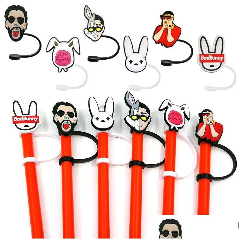 Custom bad bunny etc pattern soft silicone straw toppers accessories cover charms Reusable Splash Proof drinking dust plug decorative 8mm straw party