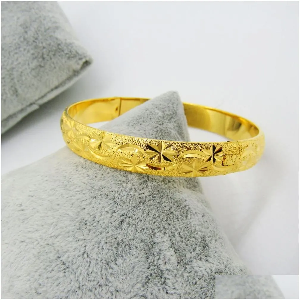 Women Bangle Classic Carved Bracelet 18k Yellow Gold Filled Fashion Female Dubai Jewelry Dia 6cm