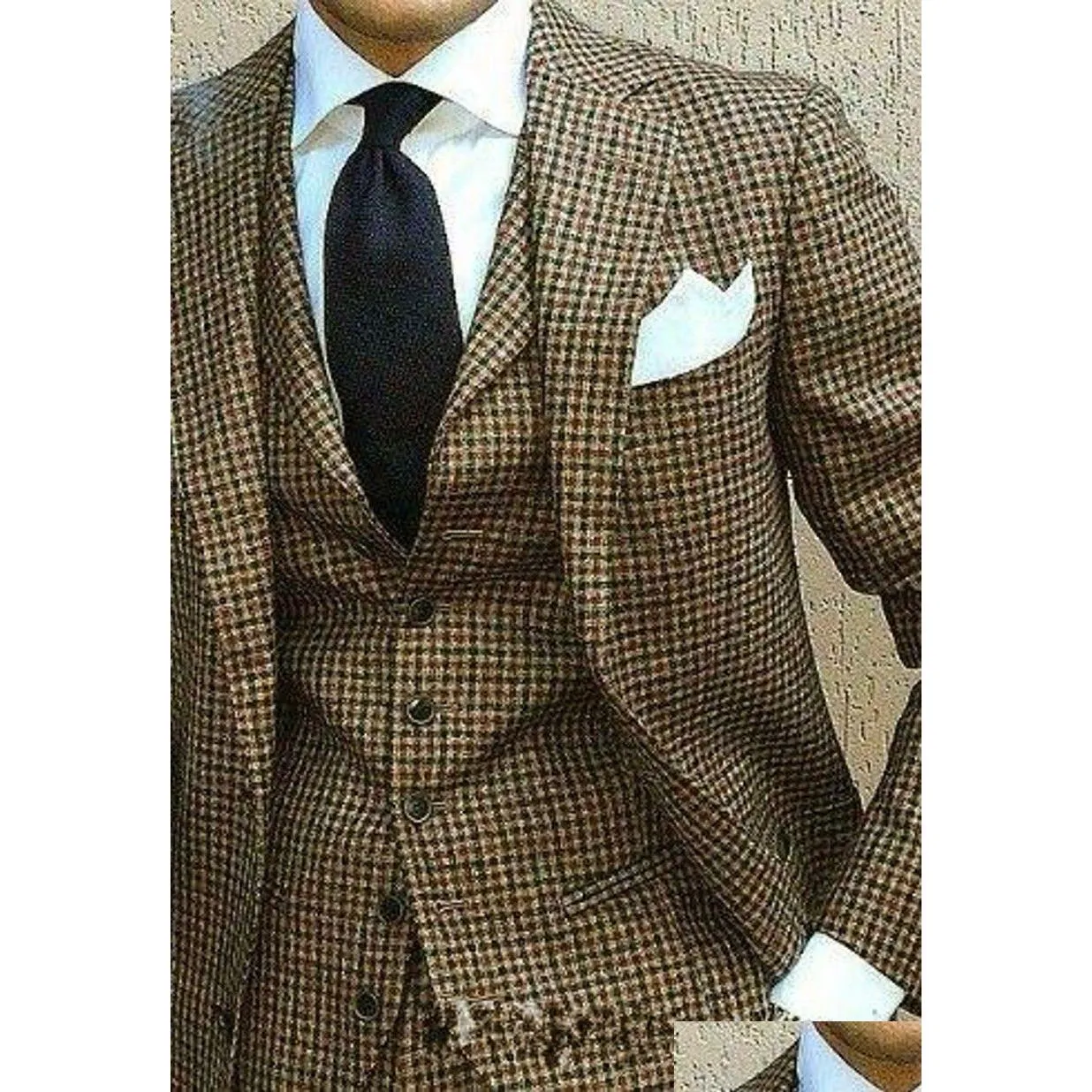 Winter Fashion Houndstooth menschliches Muster Tweed Groom Tuxedos Notch Lapel Men Wedding Tuxedos Men Dinner Party Suit