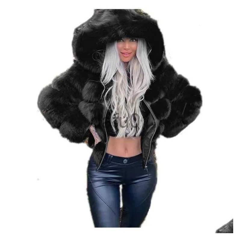 Women`s Fur Faux Fur 2023 Autumn Winter Women Fashion Long Sleeve Solid Color Faux Fur Coat Hooded Warm Coat x0907