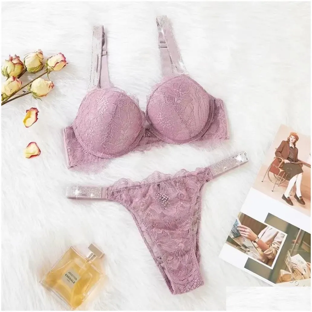 Bras Sets Vs Push Up Bra Set Lace And Panty Y Womens Embroidery Deep V Lingerie Good Quality Pretty Underwear Drop Delivery Dh4Dc