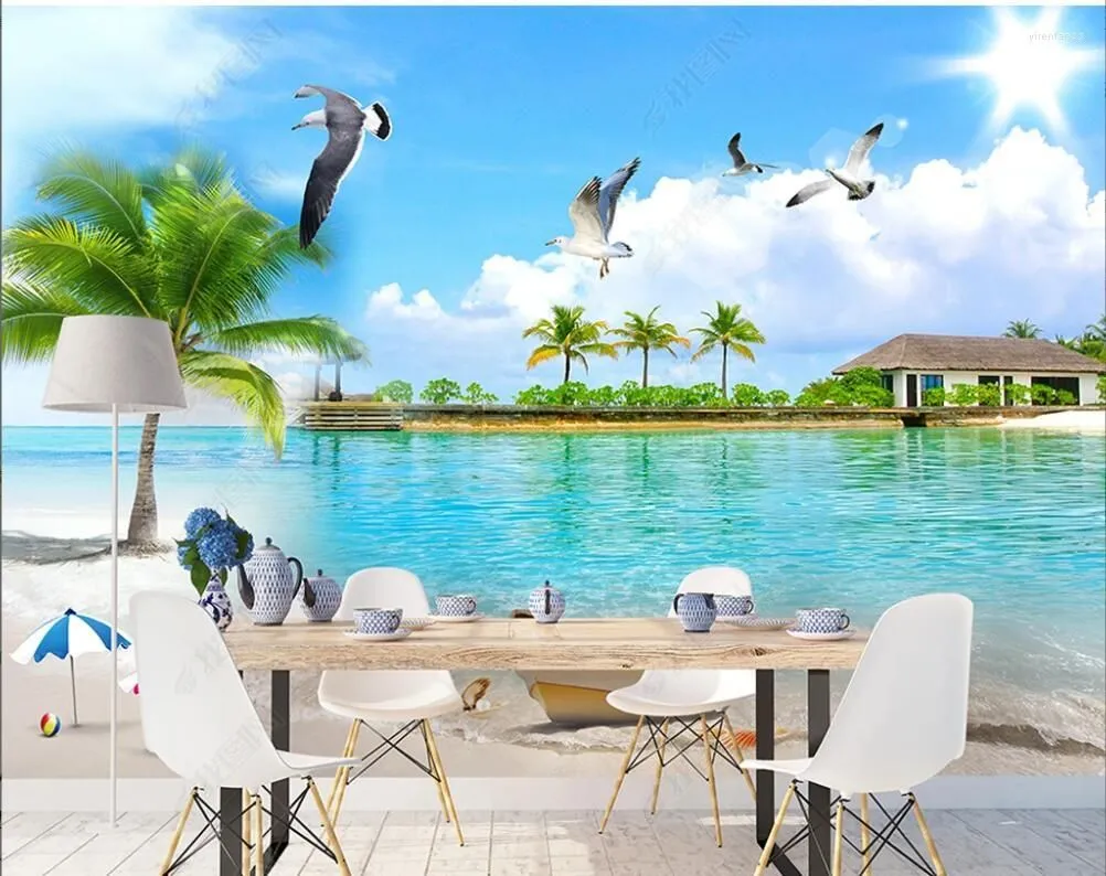 Wallpapers 3d Po Custom Mural Romantic Seascape Coconut Tree Seagull Scenery Bedroom Home Decoration Wallpaper For Walls