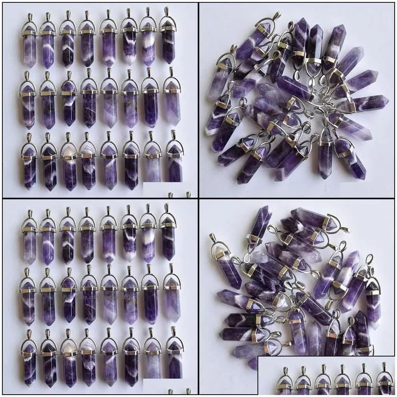 Charms Stripe Amethyst Pillar Natural Stone Chakra Healing Pendum Hexagonal Prism Pendant Diy Necklace Ear Carshop2006 Dhia5