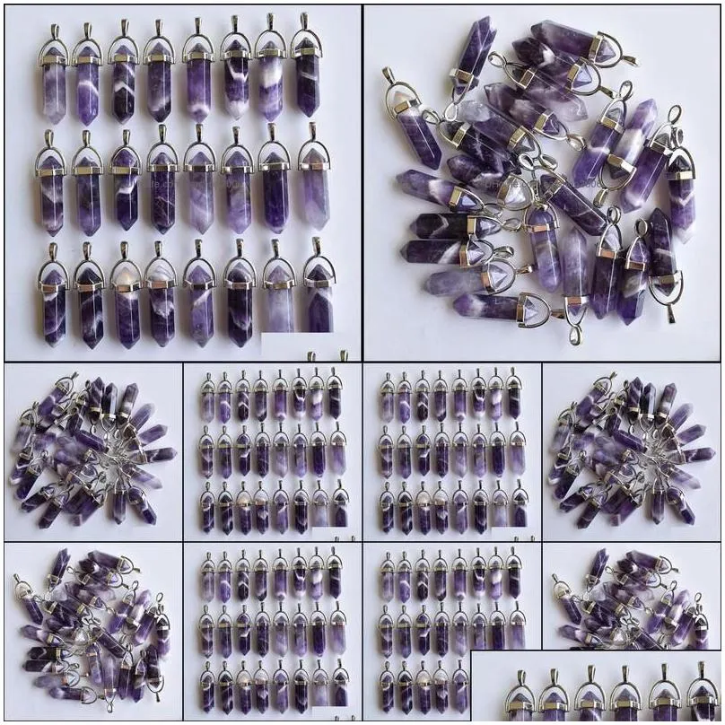 Charms Stripe Amethyst Pillar Natural Stone Chakra Healing Pendum Hexagonal Prism Pendant Diy Necklace Ear Carshop2006 Dhia5