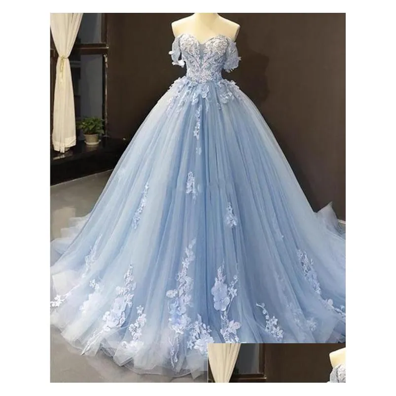 Quinceanera Dresses Sky Blue Off The Shoder Lace Applique Sweep Train Custom Made Corset Back Sweet 16 Birthday Party Ball Drop Delive Otmmb