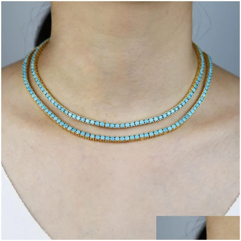  fashion 3mm turquoise stone paved tennis chain necklace for women lady hip hop punk style wedding jewelry wholesale