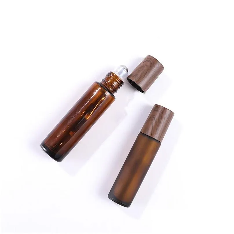 wholesale 5ml 10ml 15ml Amber Glass Roll-on bottles Wood Grain Plastic cap Frosted Essential Oil Perfume Bottle with Stainless Steel
