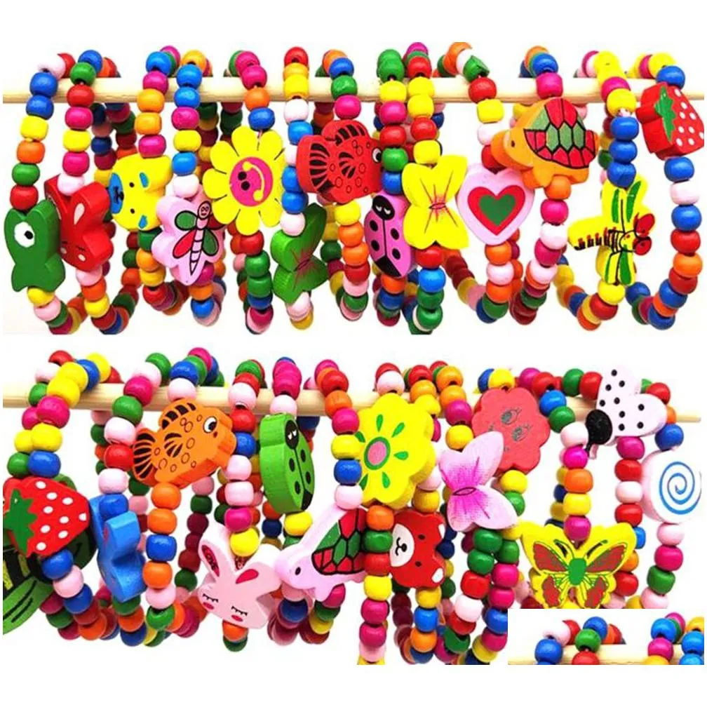 100pcs Girls Natural Wood Beaded Bracelets Styles Mix Children Wooden Wristbands Child Party Bag Fillers Birthday Gift Wholesale