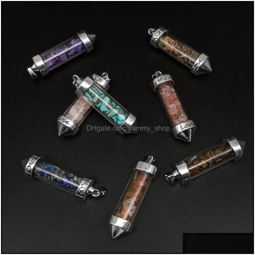 Charms Jewelry Findings Components Glass Gravel Wishing Bottle Pendant Seven Chakra Divination Dowsing Cone Point Pen Dh69F