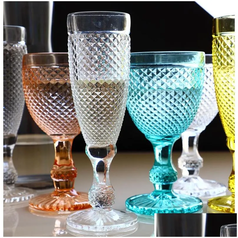 Wine Glasses Wholesale 150Ml 300Ml European Style Embossed Stained Glass Wine Lamp Thick Goblets High Transmittance Tumblers Drop Deli Dhdnx