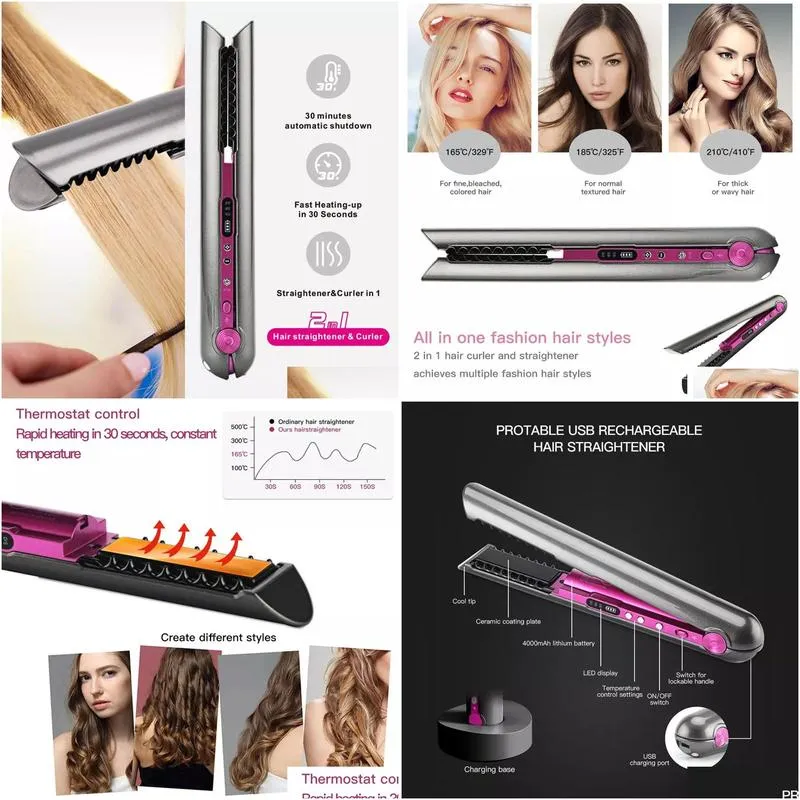 hair straighteners wireless straightener with charging base flat iron mini 2 in 1 roller usb 4800mah portable cordless curler dry and wet uses