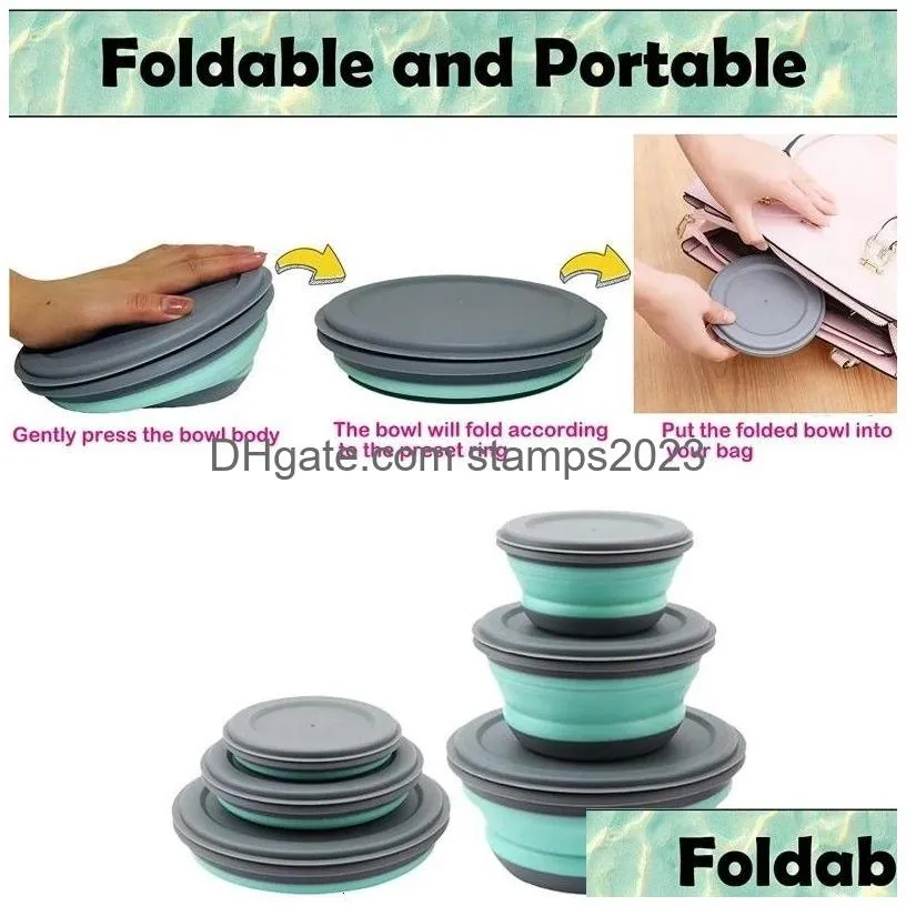 Dinnerware Sets 3 Pcsset Cam Bowl Foldable Sile Collapsible Lunch Box Salad Lid Expandable Food Storage Container Bento 230425 Drop D Dhtfa