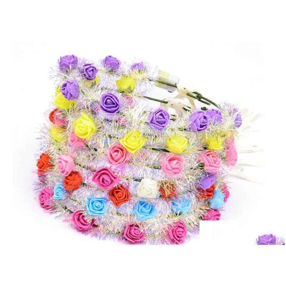 Decorative Flowers & Wreaths Led Flower Wreath Glowing Garland Gold Silk Colorf Bride Headband Lights Ribbon Rattan Fairy Headdress Fe Dh2Tu